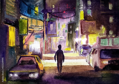 Art night city and man in dark street neon lights  © Ryst Israil