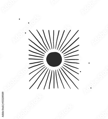 Hand drawn vector abstract graphic illustration with logo icon , magic celestial sun silhouette art in simple style ,isolated on white. Sun celestial logo concept design. Vector celestial symbol icon.