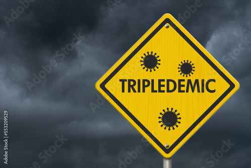 Tripledemic message for RSV, covid-19 and flu yellow warning road sign photo