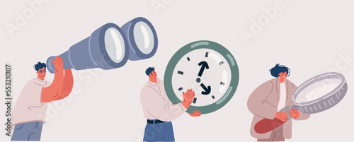 Illustration of Character of office team. People, men and women with binoculars, clock, magnifying glass
