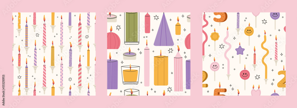 Set of 3 colorful birthday candles seamless patterns. Hand drawn Infant age candles. Baby shower gifts decoration vector. Design for print, textile, greeting card or wrapping paper.