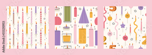 Set of 3 colorful birthday candles seamless patterns. Hand drawn Infant age candles. Baby shower gifts decoration vector. Design for print, textile, greeting card or wrapping paper.
