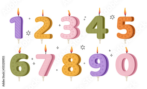 Festive illustration collection of bright Birthday Cake Candle Numbers (0, 1, 2, 3, 4, 5, 6, 7, 8, 9), anniversary holiday candles vector illustration set. Decoration for holiday celebration, surprise