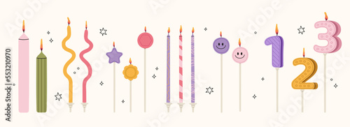 Candles for the cake. Colorful holiday candles for cake decoration. Bright accessories for the holiday. Vector hand drawillustration.Holiday banner, poster, greeting card, invitation background