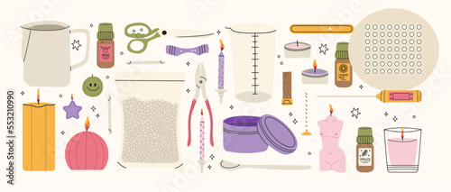 Hand draw aromatic candles ingredients collection. Vector illustrations of candles, wax, fragrance, color, herbs, and skewers. Natural materials for aromatherapy, hobby, handcrafts, candle making.