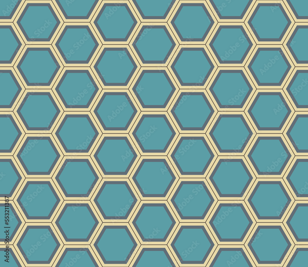 Simple abstract ornament of a floor tile. Vector blue yellow honeycomb seamless pattern. Mosaic background of hexagon shapes. Simple abstract ornament of a floor tile. Vector blue yellow honeycomb seamless pattern. Mosaic background of hexagon shapes.