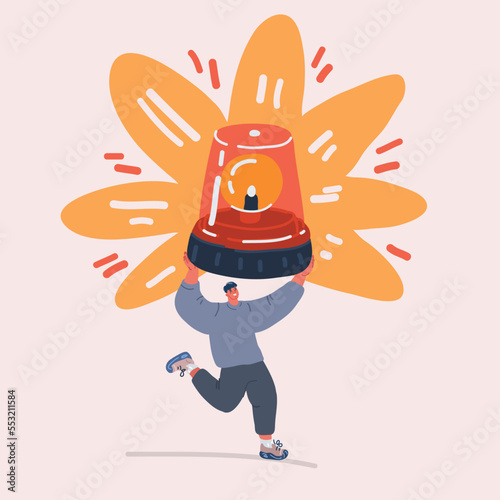 Illustration of man run with alarm police flashing light