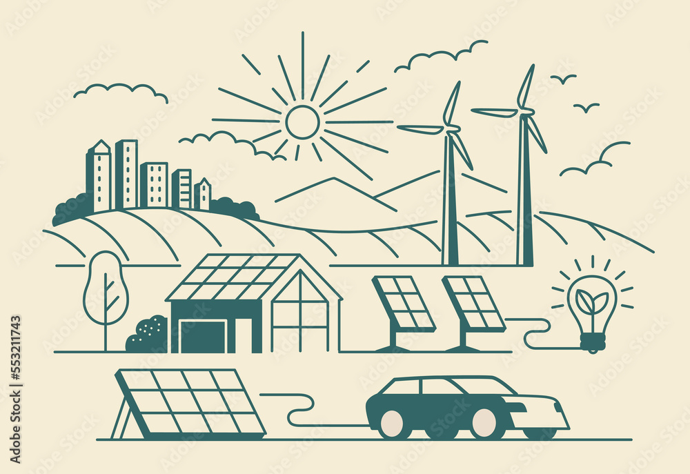 house with Solar panel and wind turbines. Green energy renewable. house with Solar panel and wind turbines. Green energy renewable.