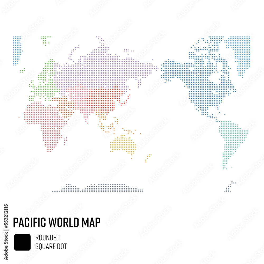 世界地図ドット 粗いドット 太平洋を中心とした世界 地域別にグループ