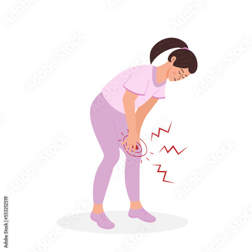 Woman holding her knee, suffering of knee pain. Joint pain, injury, sprain, sport trauma, damage while running. Vector illustration isolated on white background.
