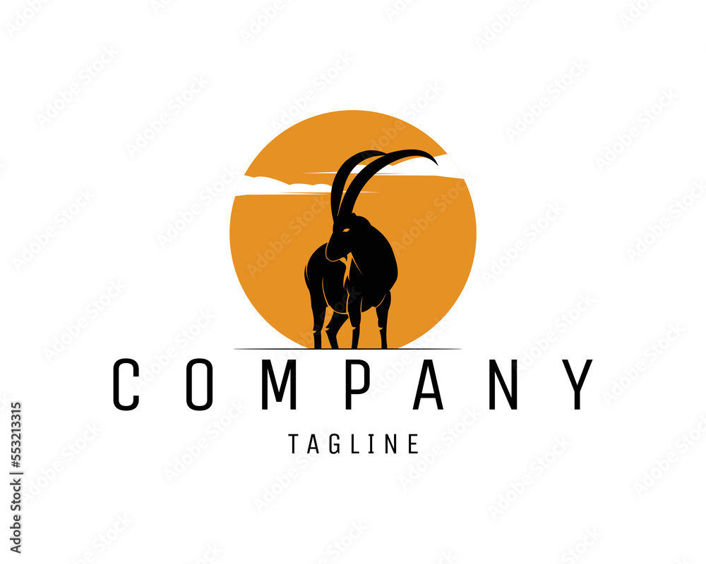 long horned goat logo isolated white background with amazing sunset view from side. Best for logo, badge, emblem, icon and sticker design. vector illustration available in eps 10.