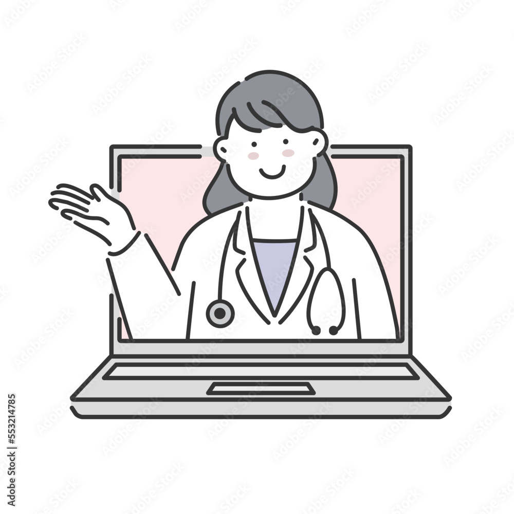 パソコンでオンライン診療案内をする女医