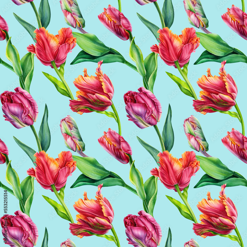 Floral Seamless pattern. Watercolor tulip, spring flowers, flora beautiful background. Invitation cards.