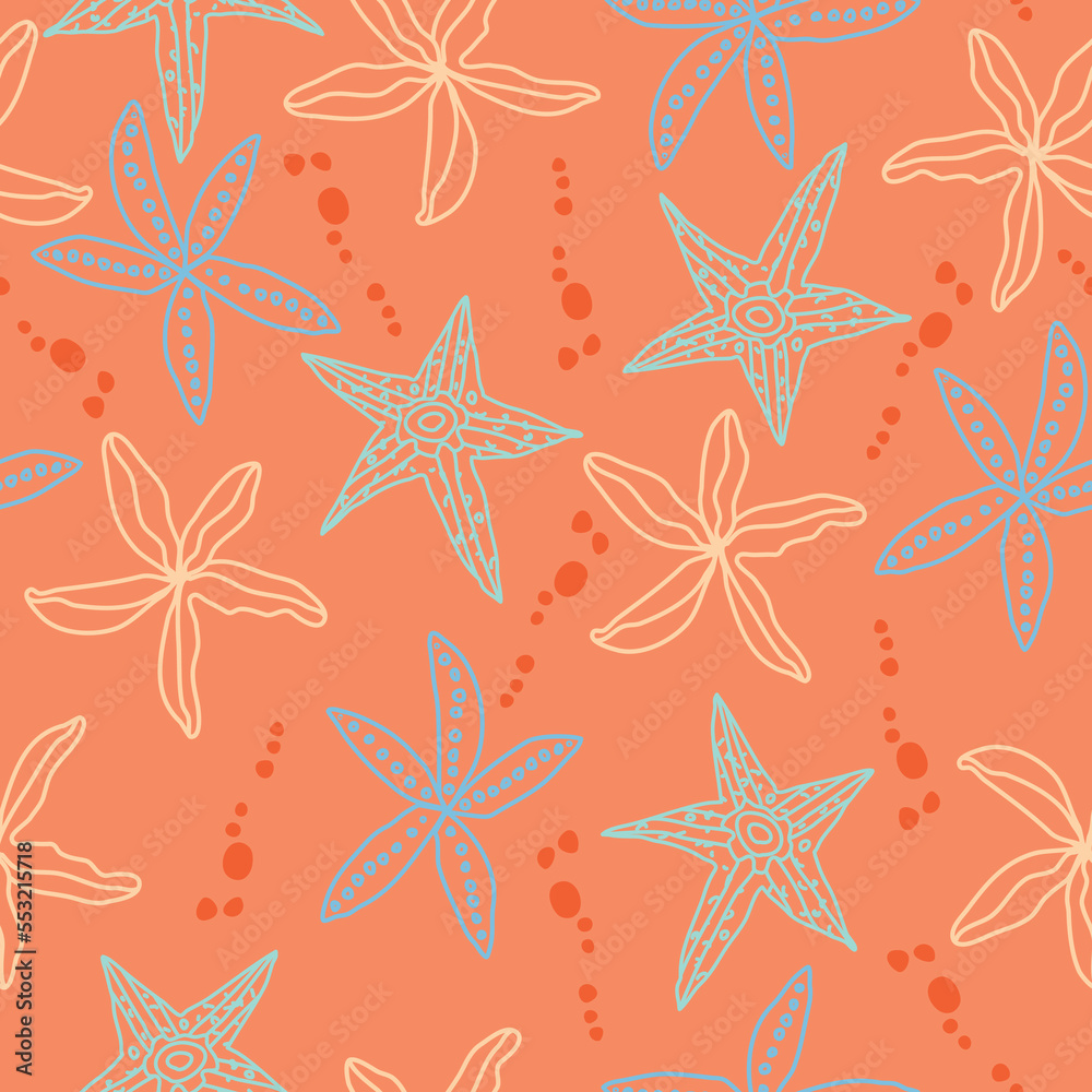 Orange background and multi coloured star fish seamless pattern background. Perfect for fabric, scrapbooking, quilting, wallpaper and many more projects. Orange background and multi coloured star fish seamless pattern background. Perfect for fabric, scrapbooking, quilting, wallpaper and many more projects.