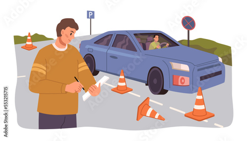 Failure in education, do not pass car exam flat cartoon vector illustration. Adolescent girl character sitting feeling sad. Woman failing her driving test with man instructor. Bad score, falling cones