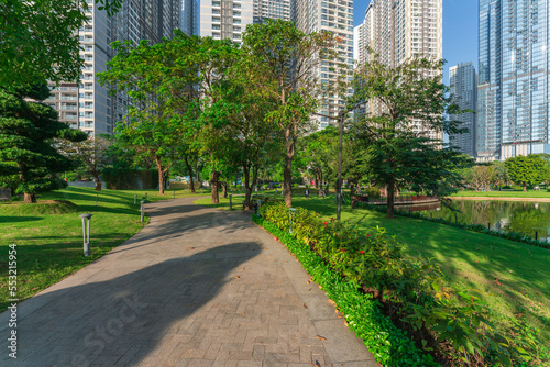 Landmark 81  skyscrapers viewed from below towards sky represents urban development with modern architecture. Combined with Vinhomes Central Park Project
