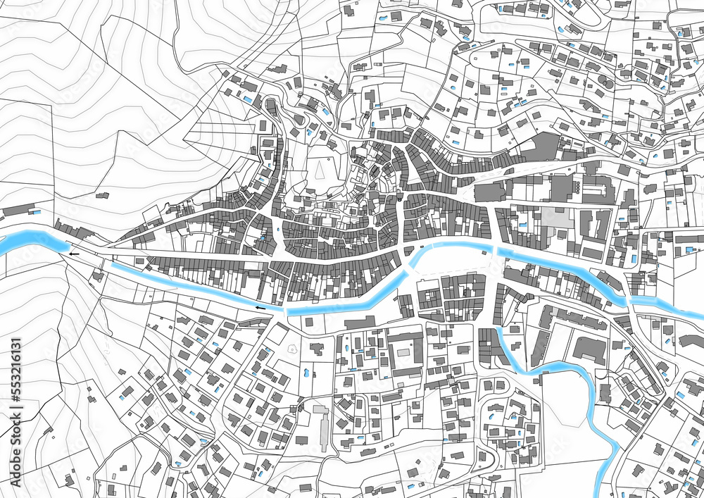 Urbanisme et territoire - rendu 2d plan cadastral d'un village avec limites de parcelles, bâtiments 3d et piscines Urbanisme et territoire - rendu 2d plan cadastral d'un village avec limites de parcelles, bâtiments 3d et piscines