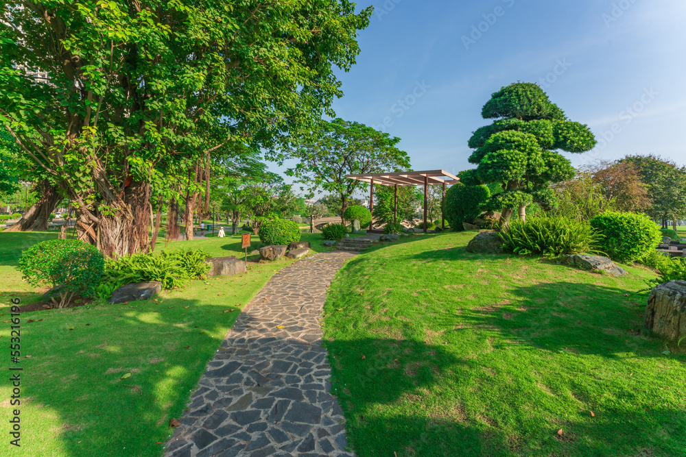 Fototapeta premium Landmark 81, skyscrapers viewed from below towards sky represents urban development with modern architecture. Combined with Vinhomes Central Park Project