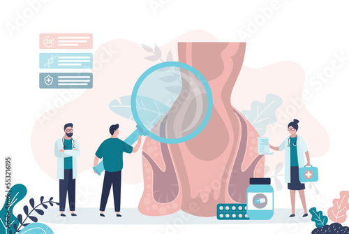 Doctor holds magnifying glass and examines colon. Group of proctologists analysis perianal area. Medical workers treats internal organs. Proctology, medicine banner. Prescription of treatment. photo
