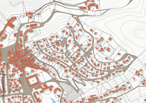 Urbanisme et territoire - rendu 2d plan cadastral d'un village avec limites de parcelles, bâtiments 3d et piscines