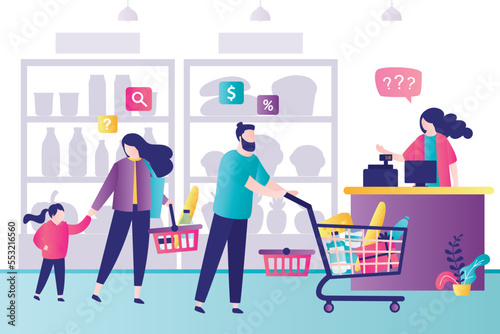 Seller and customers in supermarket. Cashier at the checkout and queue of buyers with goods. People buys groceries and things in the store. Shopping process, interior of shop.