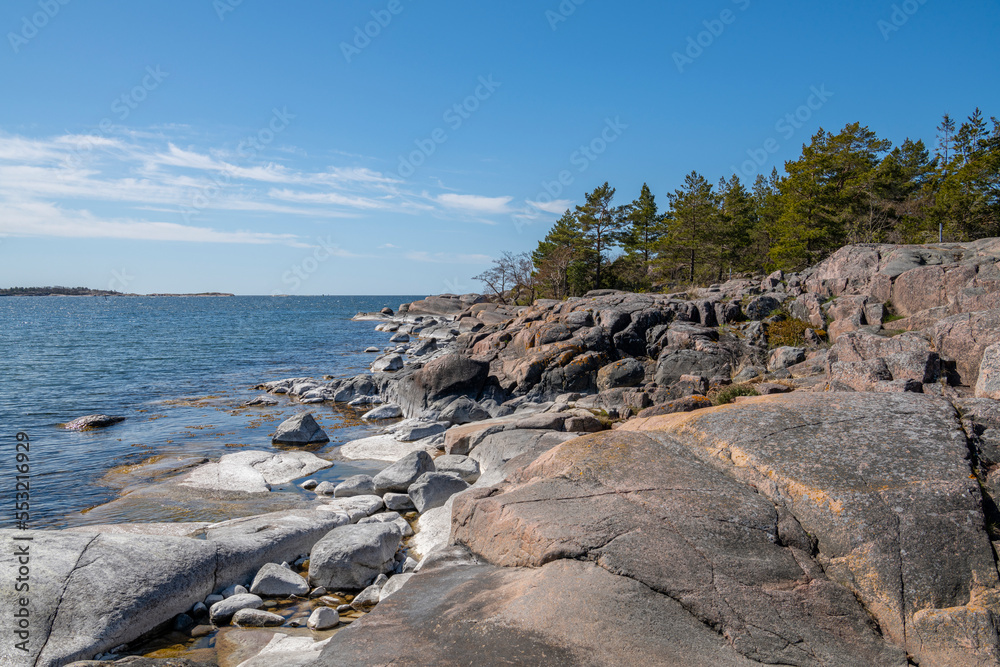 Rocky view of Tulliniemi in spring, Hanko, Finland