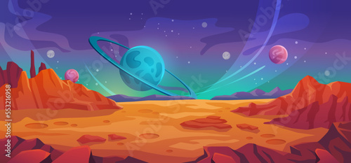 Landscape of planet Mars, sky with stars and celestial bodies. Fantasy world setting or location with dessert and mountains, rocks and cliffs, vectors