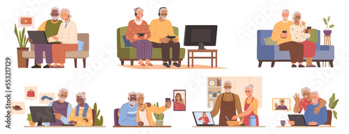 Grandmother and grandfather using modern technologies, gadgets and internet in daily life. Talking on web, playing games and shopping online. Flat cartoon character vector