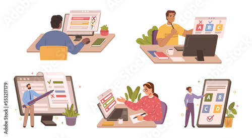 Online tests or examination, passing surveys on computer, laptop or smartphone. People choosing options and answering questions. Flat cartoon character, vector illustration
