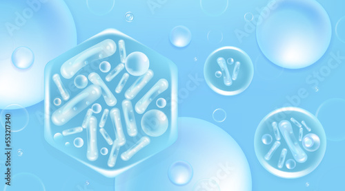 Probiotic and Hyaluronic acid skin solutions ad, blue collagen, and vitamin serum drops with cosmetic advertising background ready to use illustration vector.	
