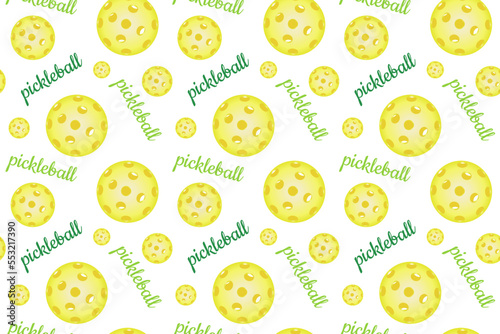 Pattern with bright yellow pickleball balls. Backdrop for banners, print for sportswear, paper, fabrics, backgrounds. Emblem for pickleball sports club. Vector illustration