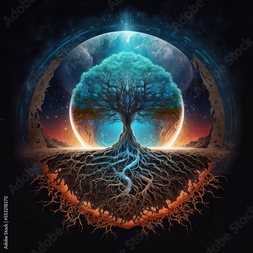 Tree of life. Roots. Represents the afterlife, and connection between the earth and heaven. Generative ai.  photo