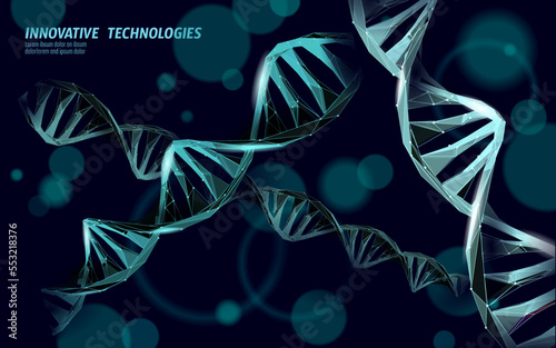 DNA 3D chemical molecule structure low poly. Polygonal triangle point line healthy cell part. Microscopic science blue medicine genome engineering vector illustration future business technology