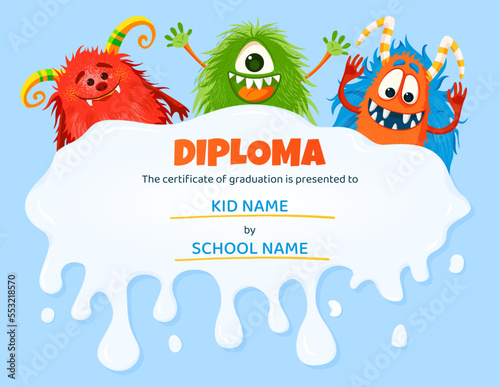 Kids diploma with cute funny monster characters.