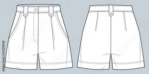 Short Pants technical fashion illustration. High Waisted  Shorts fashion flat technical drawing template, pockets, front and back view, white, women, CAD mockup. photo