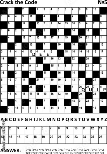 Crack the code crossword puzzle or game (codebreaker, codeword, codecracker, coded crossword) with two hints. Answer included.
