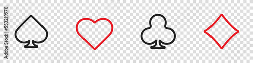 Set collection gambling sign symbol of playing card suits and chips for poker and casino. Hearts, clubs, diamonds and spades on an isolated transparent background.