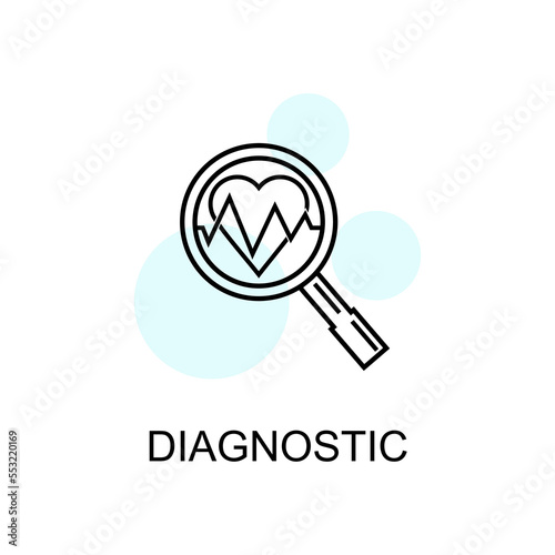 Heart diagnostics linear icon. Design medical icon with magnifying glass and cardiogram heart in linear style isolated. vector eps10