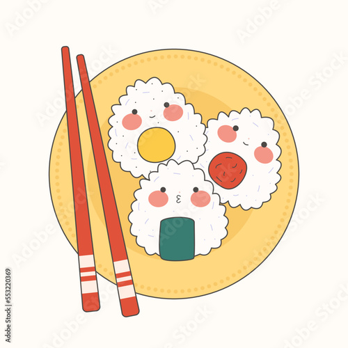 Cute onigiri set with smiling face and pink cheeks. Kawaii onigiri. Japanese traditional cuisine dishes. Stock vector illustration.