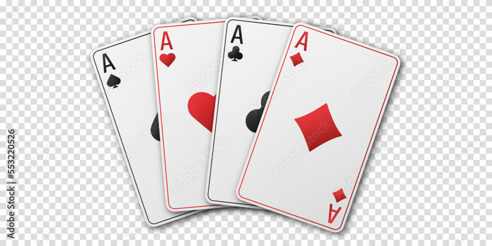 Obraz premium A fan of playing cards consisting of four Ace of Spades, Diamonds, Clubs, Hearts. Vector illustration poker and casino of all the aces on a transparent background.