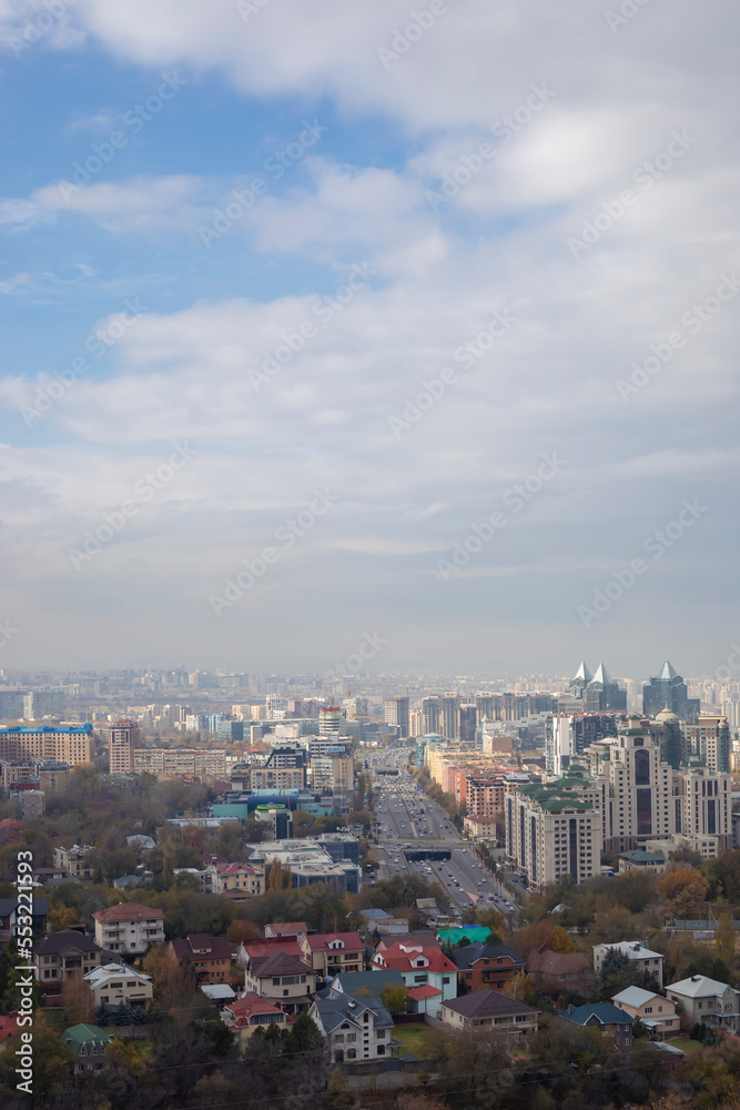 Beautiful city view of Almaty Kazakhstan from top of the hill Kok tobe