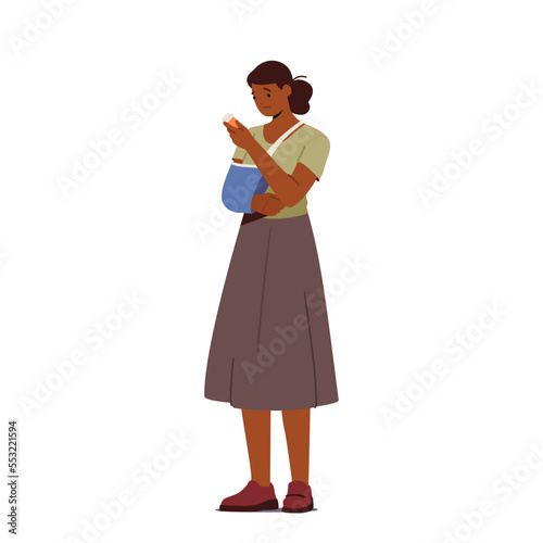 Woman with Arm Fracture Wear Bandage Hold Pills Bottle Isolated on White Background. Female Character with Broken Hand