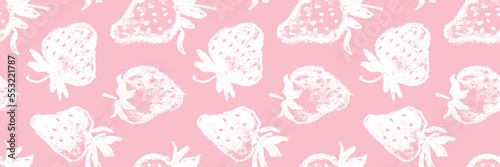 Pink strawberry pattern seamless, strawberries illustration for fabric ornament, textile design. Hand drawn vector red berry. Juice or jam label design. Red berries background. Strawberry backdrop.
