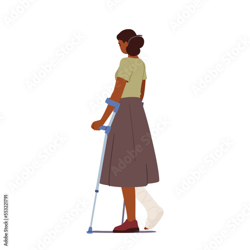 Woman with Leg Fracture Walk on Crutches Rear View Isolated on White Background. Injured Patient Female Character