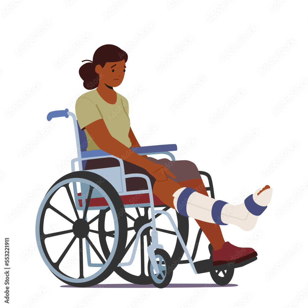 Unhappy Black Woman with Leg Fracture Sitting on Wheelchair Suffer of Pain. Injured Patient Character with Broken Foot Unhappy Black Woman with Leg Fracture Sitting on Wheelchair Suffer of Pain. Injured Patient Character with Broken Foot