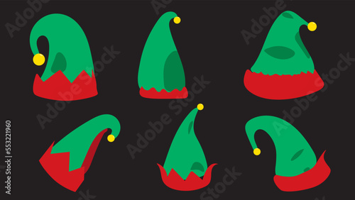 Winter Woolen Elves Hat Christmas Set. Xmas Green and Red Fur Cap Photo Booth Props for Kids on black Background. Cartoon Style Vector Illustration