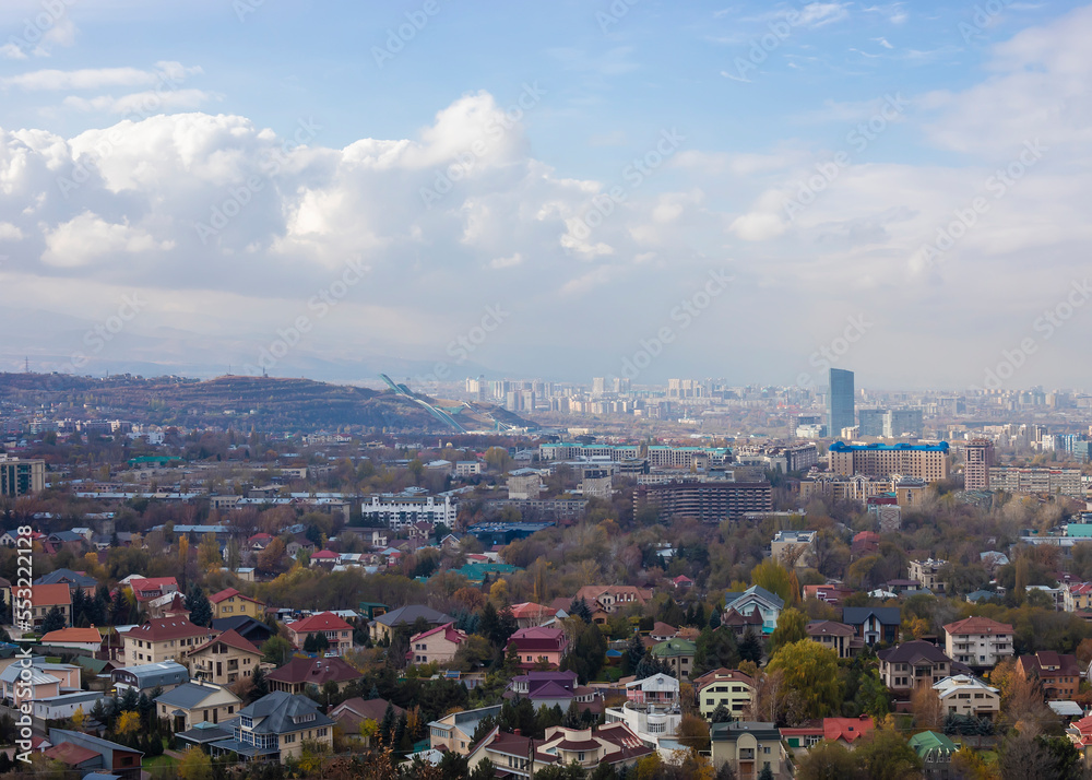 Beautiful city views of Almaty Kazakhstan from top of the hill Kok tobe