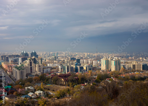 Beautiful city view of Almaty Kazakhstan from top of the hill Kok tobe