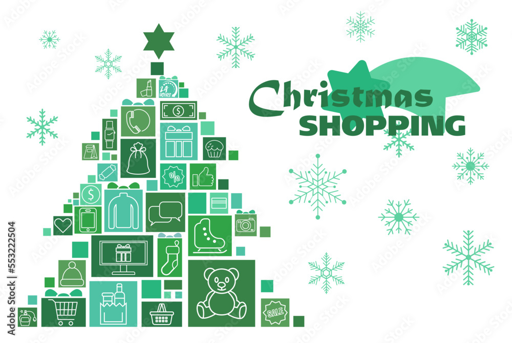 Christmas sale set. Squares and stickers in the shape of a Christmas tree. Vector illustration.