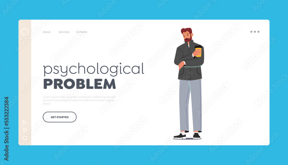 Psychological Problems Landing Page Template. Mature Male Character with Coffee Cup in Hand Stand with Unhappy Face